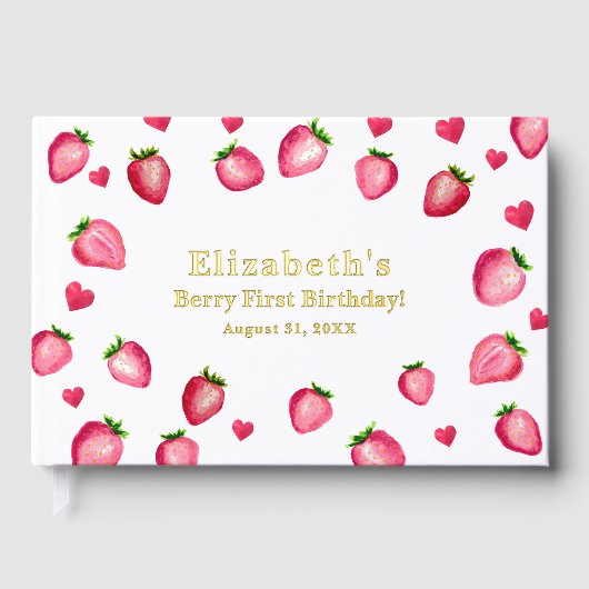 Berry First Birthday Strawberry Custom Photo Gold Gastenboek (Voorkant)