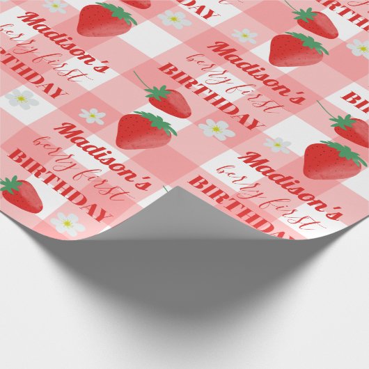 Berry First Birthday Strawberry First 1e naam Cadeaupapier (Hoek)