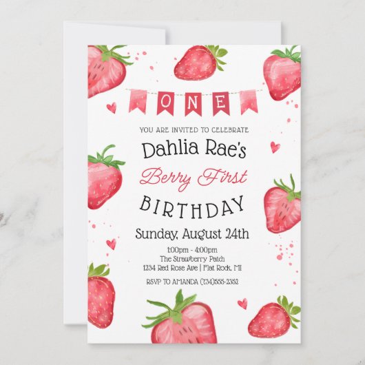 Berry First Birthday Strawberry Invitation (Devant)