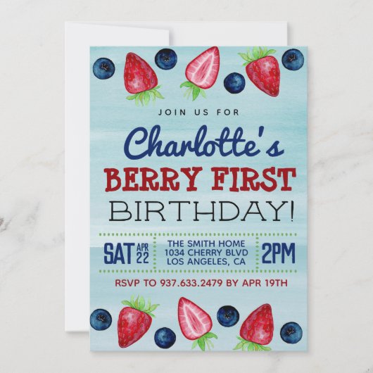 Berry First Birthday Strawberry Invitation (Devant)