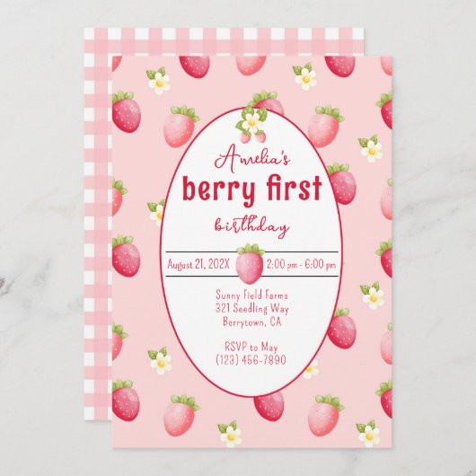 Berry First Birthday Strawberry Invitation (Devant / Derrière)
