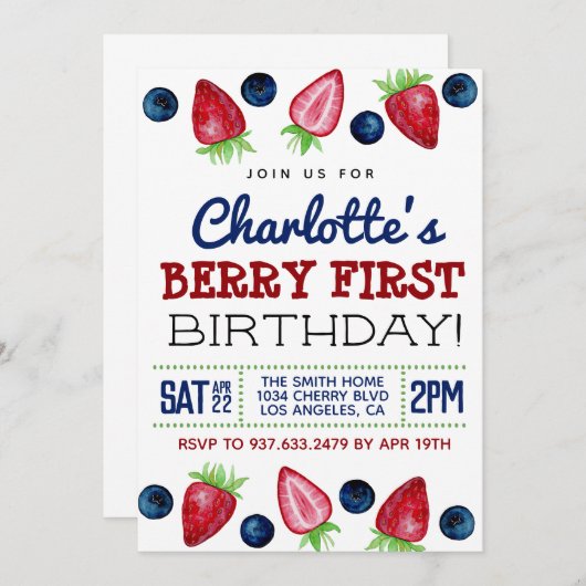 Berry First Birthday Strawberry Invitation (Devant / Derrière)