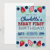 Berry First Birthday Strawberry Invitation Kaart (Voorkant / Achterkant)