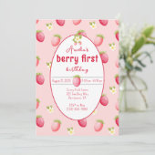 Berry First Birthday Strawberry Invitation Kaart (Staand voorkant)