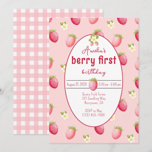 Berry First Birthday Strawberry Invitation Kaart (Voorkant / Achterkant)