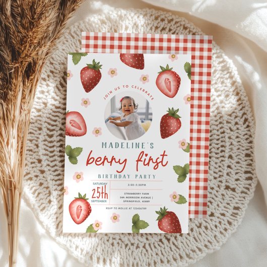 Berry First Birthday Strawberry Photo Invitation