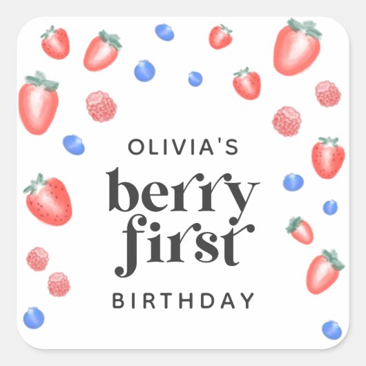 Berry First Birthday Strawberry Vierkante Sticker (Voorkant)