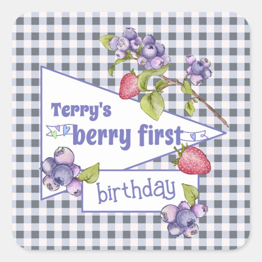 Berry First Birthday Vierkante Sticker (Voorkant)
