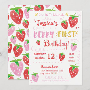 Berry First Birthday Waterverf Strawberry Party Kaart