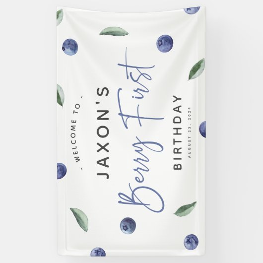 'Berry First' Blueberry 1e verjaardagsfeestje Spandoek (Verticaal)