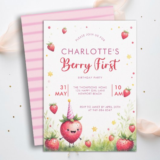 Berry First Pink Strawberry Patch 1st Birthday Kaart