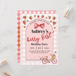 Berry First Strawberry 1st Birthday Invitation Kaart