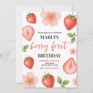 Berry First Strawberry 1st Birthday Party Kaart