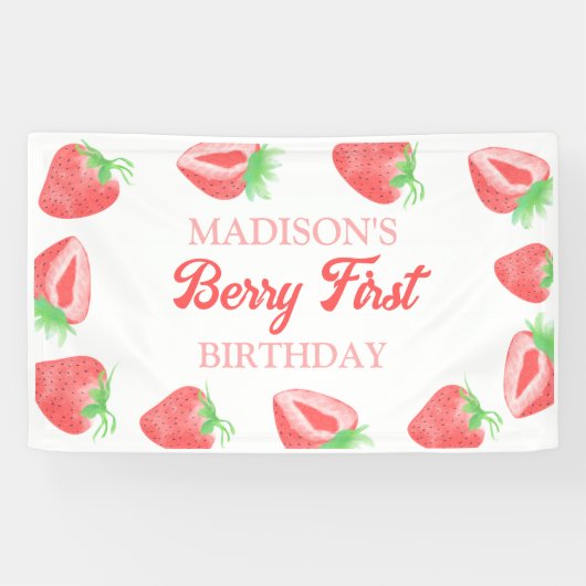Berry First Strawberry 1st Birthday Party Spandoek (Horizontaal)