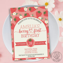 Berry First Strawberry Birthday Invitation Scallop