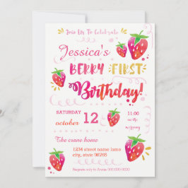 Berry First Strawberry Birthday Pary Invitation Kaart