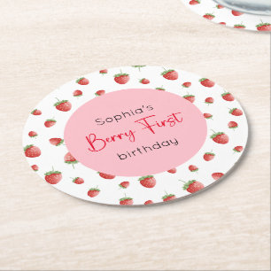 Berry First Strawberry Birthday Ronde Kartonnen Onderzetter