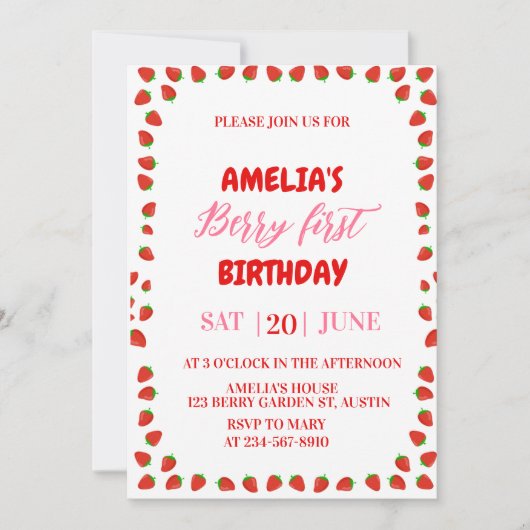 Berry First Strawberry Border Birthday Invitation  (Devant)