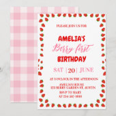 Berry First Strawberry Border Birthday Invitation  (Devant / Derrière)