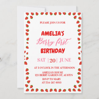 Berry First Strawberry Border Birthday Invitation  Kaart