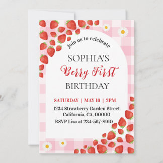 Berry First Strawberry gingham birthday invitation Kaart