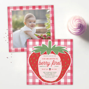 Berry First Strawberry Gingham Foto 1e verjaardag Kaart