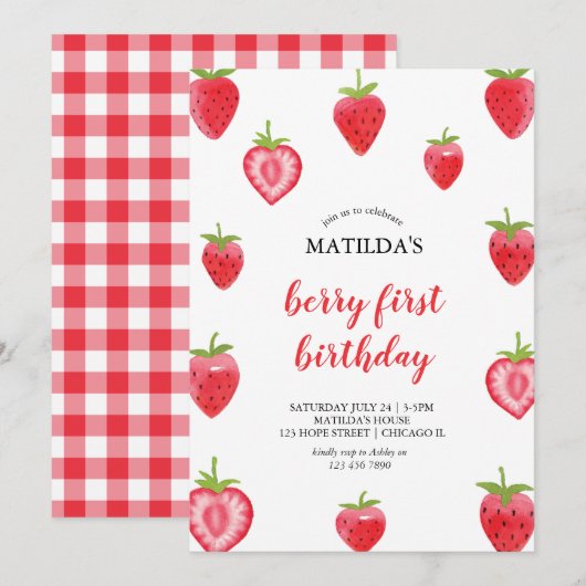 Berry First Strawberry Girl Invitation Anniversair (Devant / Derrière)
