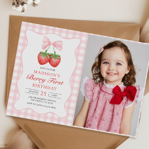 Berry First Strawberry Pink Bow 1st Birthday Foto Kaart