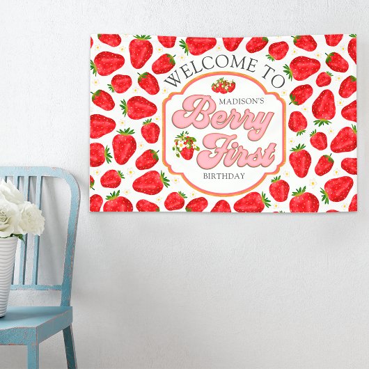Berry First Strawberry Welkom Verjaardagsbanner Spandoek