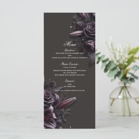 Berry Paarse Black Lily Roos Bloemen Trouwmenu Menu (Staand voorkant)