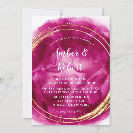 Berry Pink Watercolor Gold Wedding Invitations (Devant)