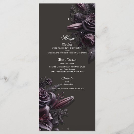 Berry Purple Black Lily Rose Floral Mariage Menu (Devant)