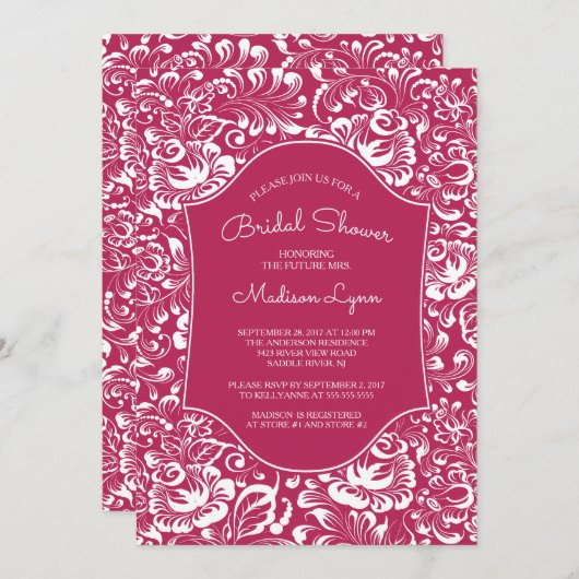  Berry Red Damask Bridal Shower Kaart (Voorkant / Achterkant)