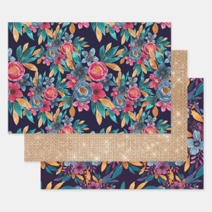 Berry Red Navy Mustard Waterverf Flowers Art Inpakpapier Vel