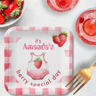 Berry Special Baby shower Gingham Strawberry Party Papieren Bordje