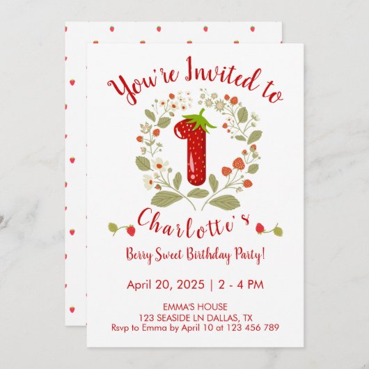 Berry Sweet 1e verjaardagsfeest uitnodiging (Voorkant / Achterkant)