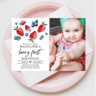 Berry Sweet 1st Birthday Strawberry Blueberry Invi Kaart