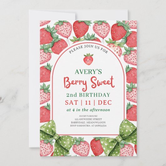 Berry Sweet 2nd Birthday Strawberry Invitation Kaart (Voorkant)