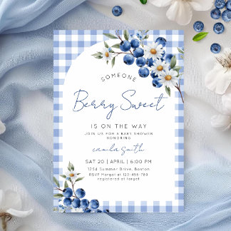 Berry Sweet Blue Baby shower Blueberry Gingham Kaart