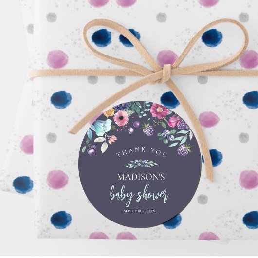 Berry Sweet Blueberry & Flowers Baby shower Ronde Sticker