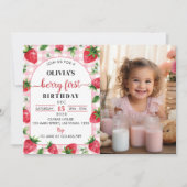 Berry Sweet First Birthday Invitation fraise (Devant)