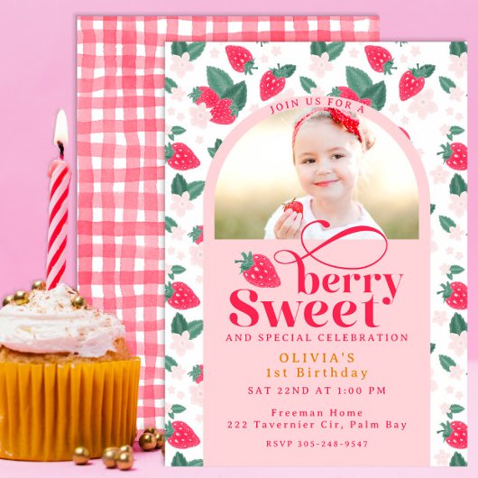 Berry Sweet First Birthday Photo Invitation