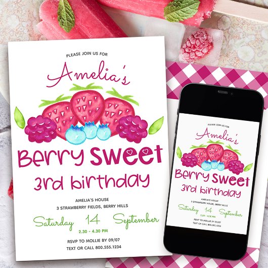 Berry Sweet Girl's 3rd Birthday Invitation