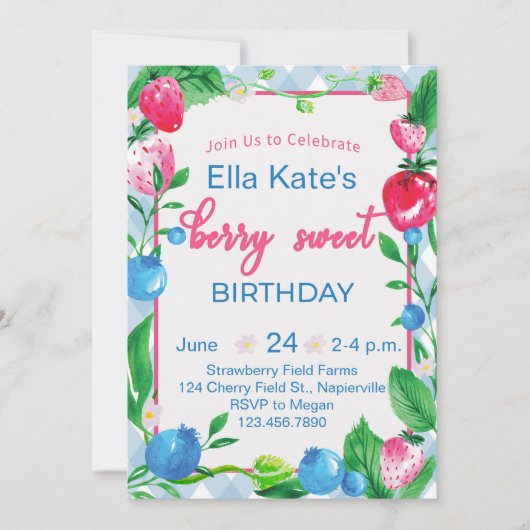 Berry Sweet Invitation Anniversaire En vichy frais (Devant)