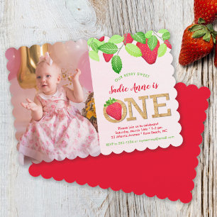 Berry Sweet Red Strawberry 1st Birthday Girl Foto Kaart