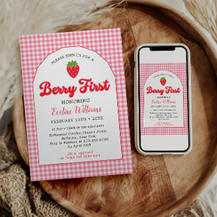 Berry Sweet Strawberry 1st Birthday Party Kaart