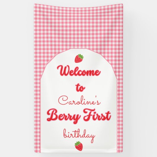 Berry Sweet Strawberry 1st Birthday Party Spandoek (Verticaal)