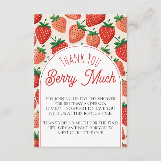 Berry Sweet Strawberry Baby shower Dank u Informatiekaartje (Voorkant)