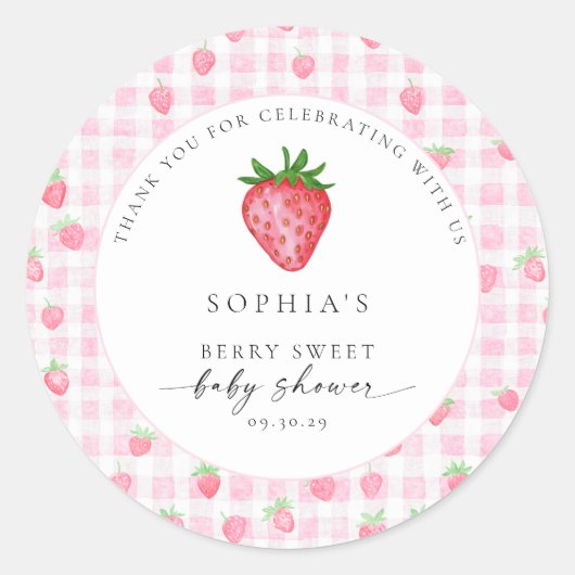 Berry Sweet Strawberry Baby shower Rond Dank u Ronde Sticker (Voorkant)