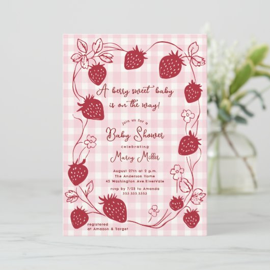 Berry Sweet Strawberry Baby shower Uitnodiging (Staand voorkant)